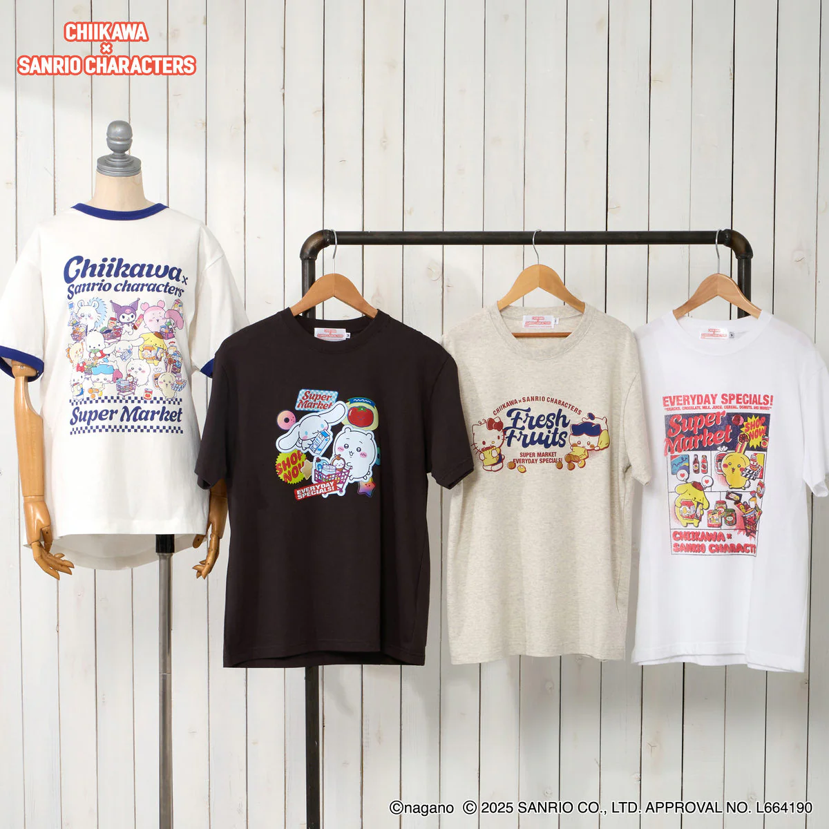 ちいかわ×サンリオキャラクターズ スーパーマーケットなTシャツ みんな バニラホワイト - Image 2
